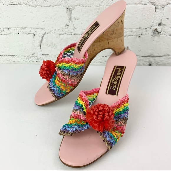 Jack Rogers Vintage Heels Raffia Rainbow Cork Wedge 70s 6.5 - Picture 12 of 12